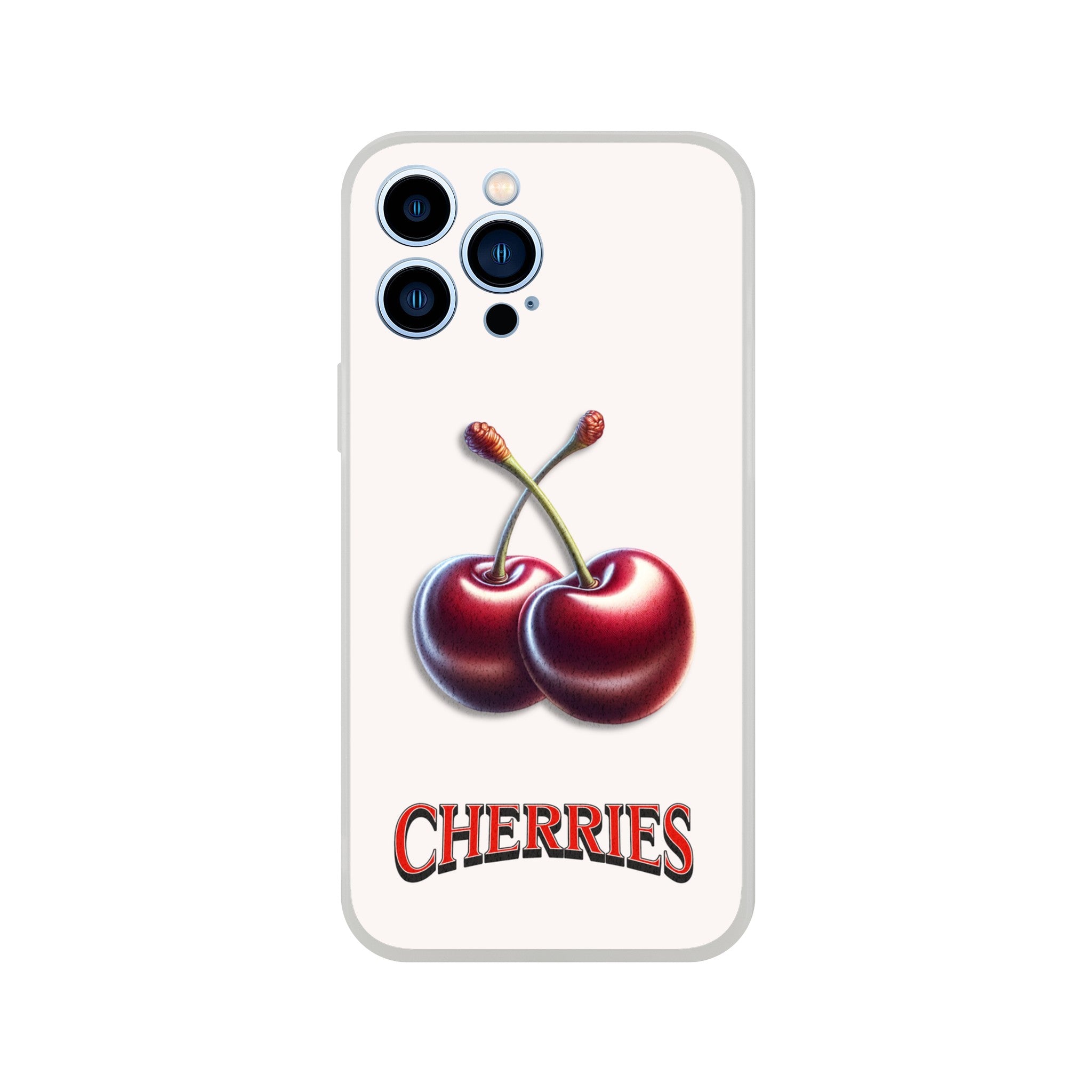Cherry-themed iPhone case with twin cherries illustration and CHERRIES lettering.