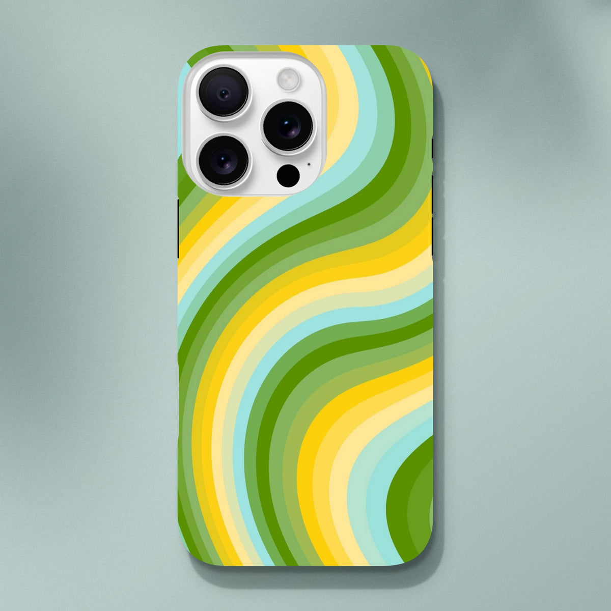 Green and yellow retro wave iPhone case with bold wavy stripes, Y2K aesthetic tough phone cover for streetwear style.