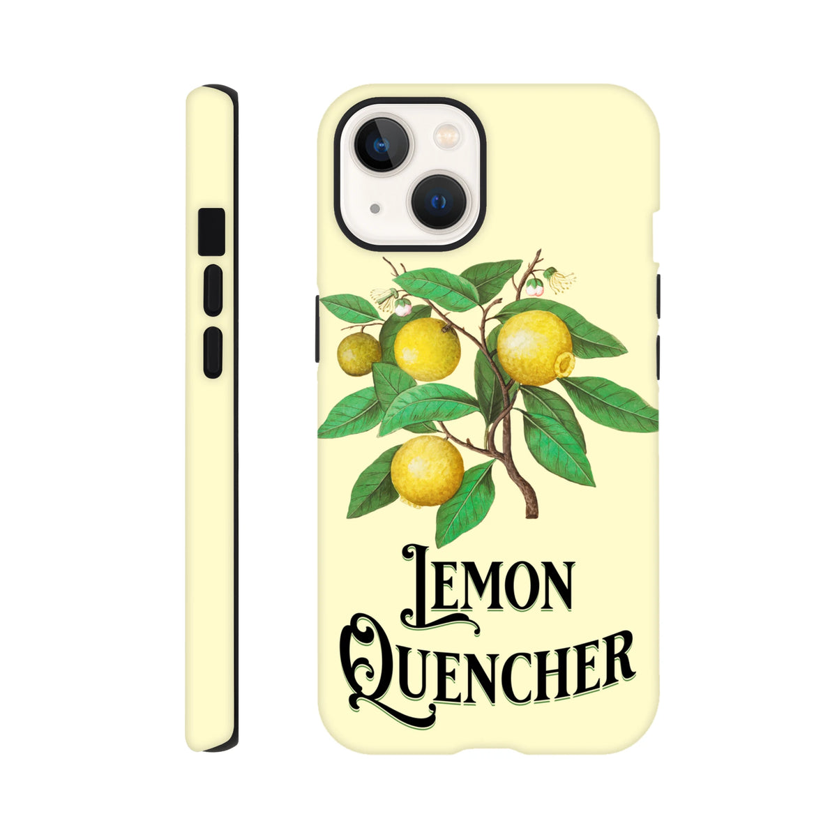 Vintage lemon tree branch phone case with retro "Lemon Quencher" text on a cream background for iPhone 13-16.