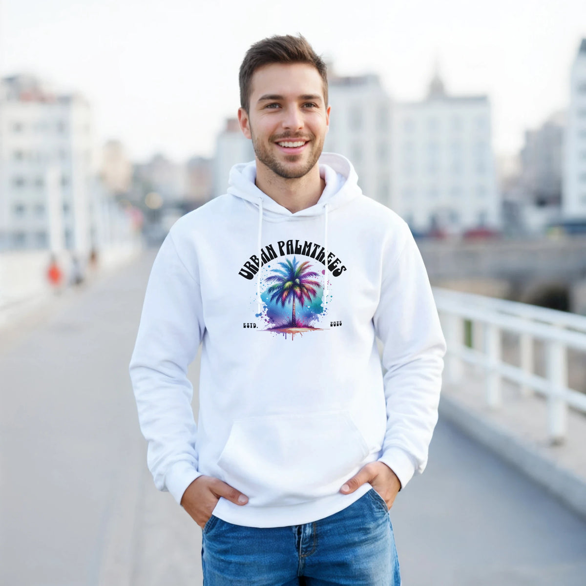 Smiling man in a white palm-tree graphic hoodie, urban streetwear pullover