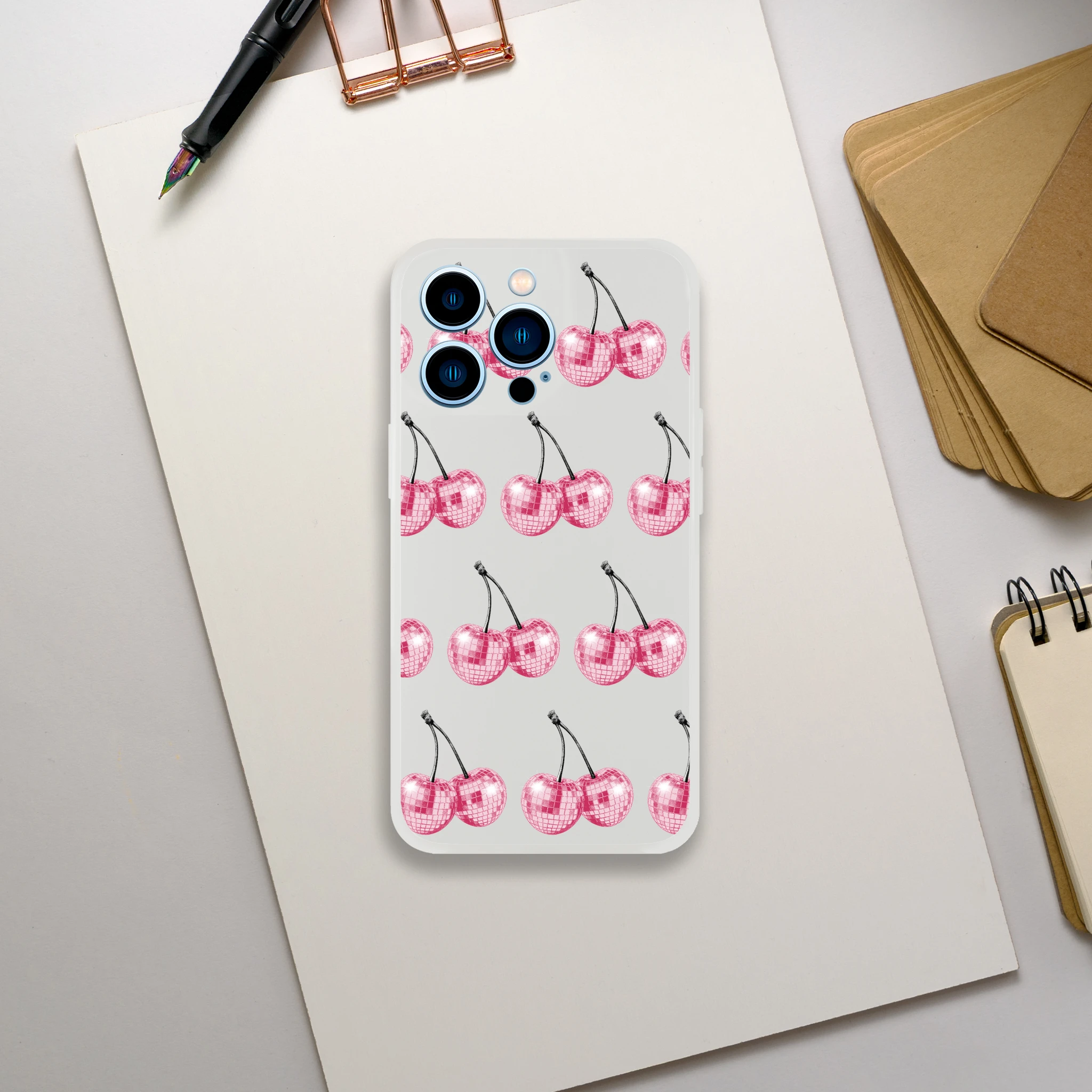Glitter Ball Cherries phone case in clear, slim protective cover for iPhone 13-16 with pink mirrored cherries design