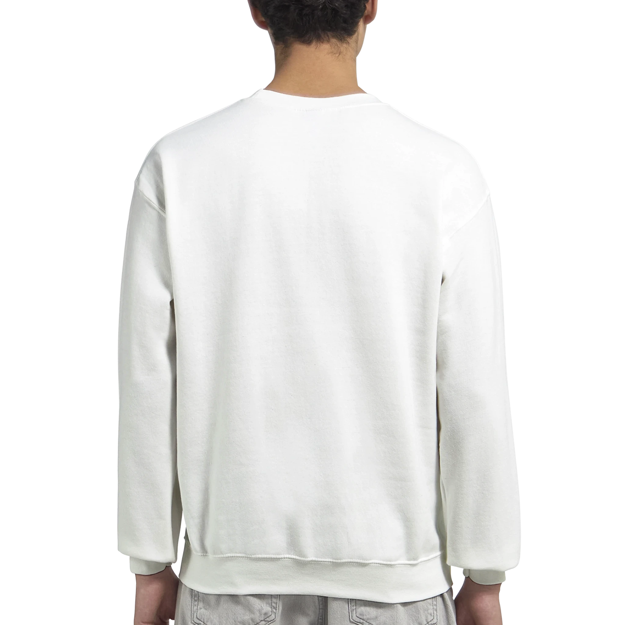 Back view of a white heavyweight men's graphic sweatshirt, 50-50 cotton-poly blend, sizes S-XL.