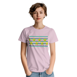 Model wearing pastel stripe gold star graphic tee for women with retro vibe.