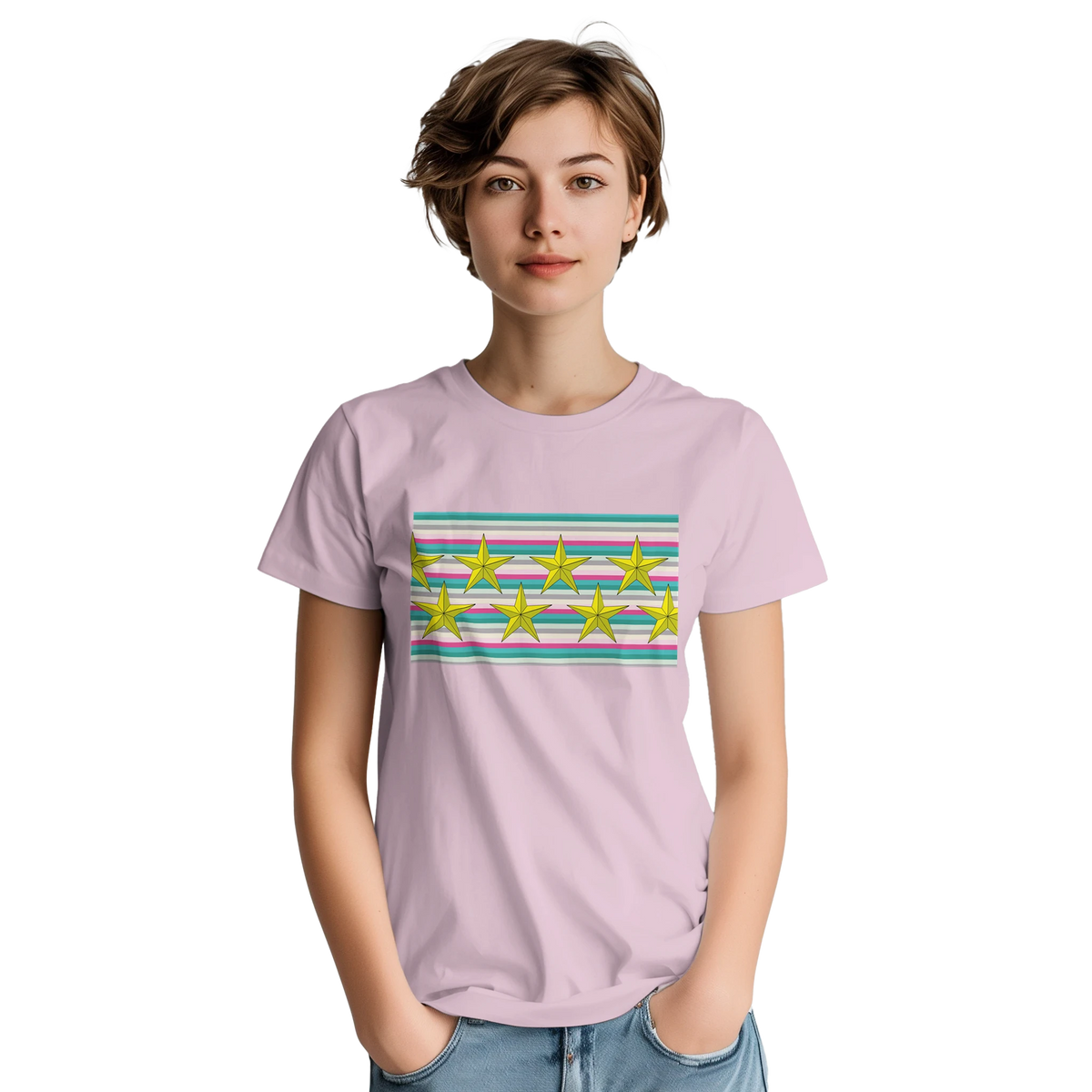 Model wearing pastel stripe gold star graphic tee for women with retro vibe.