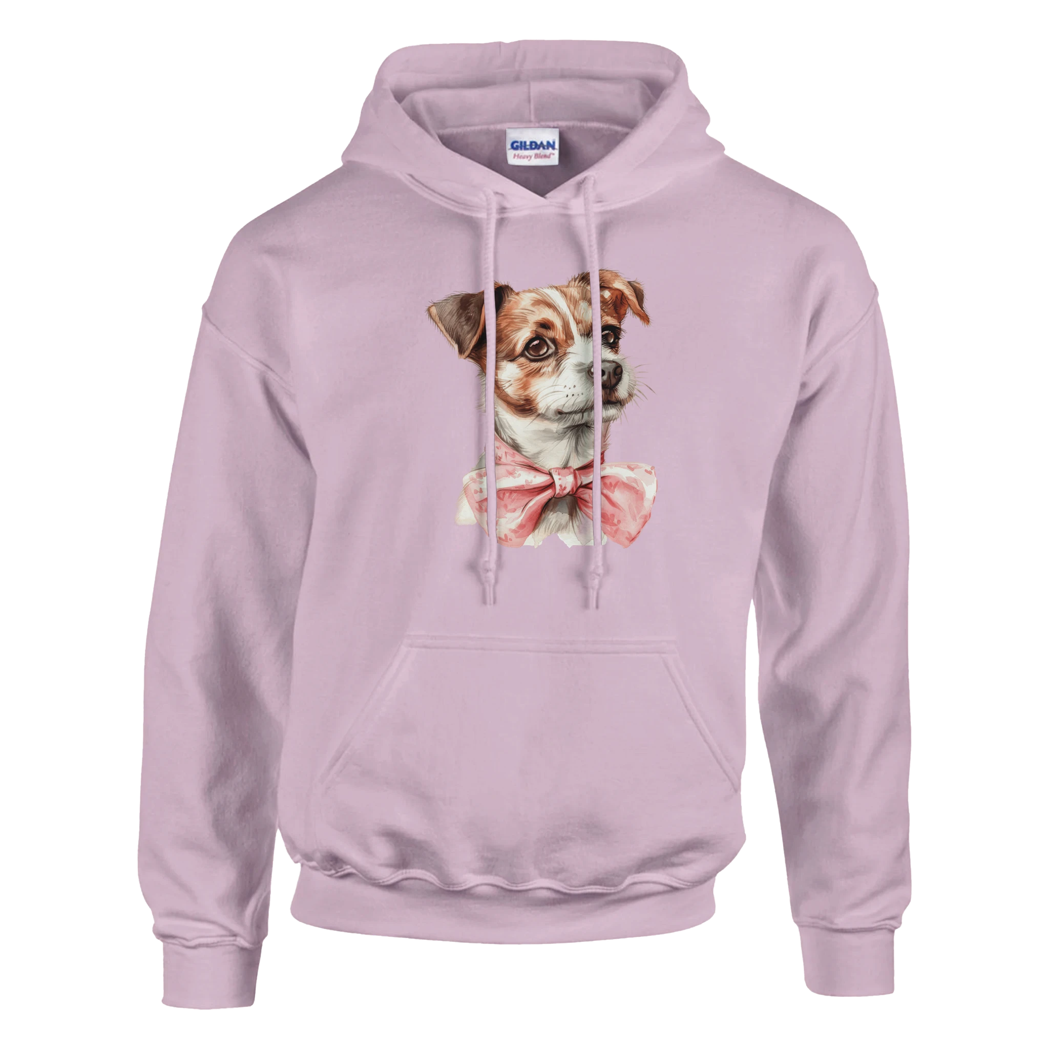 Lilac women's graphic hoodie with a cute illustrated dog wearing a pink bow tie; soft cotton blend.