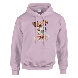 Lilac women's graphic hoodie with a cute illustrated dog wearing a pink bow tie; soft cotton blend.