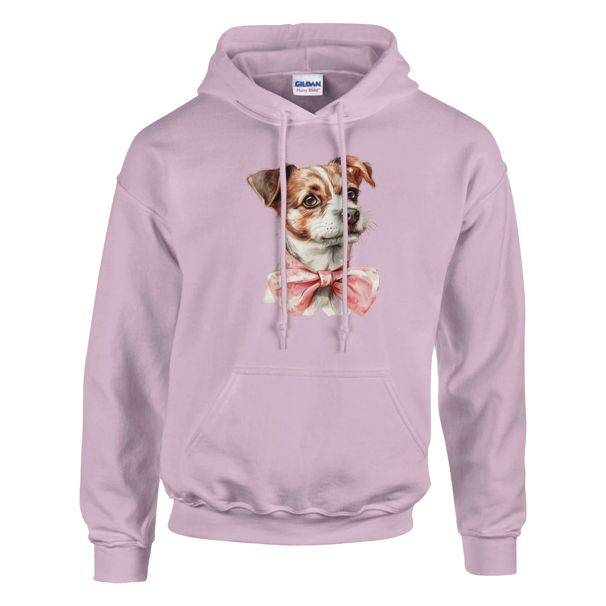 Lilac women's graphic hoodie with a cute illustrated dog wearing a pink bow tie; soft cotton blend.