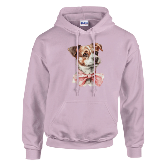 Lilac women's graphic hoodie with a cute illustrated dog wearing a pink bow tie; soft cotton blend.