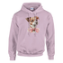 Lilac women's graphic hoodie with a cute illustrated dog wearing a pink bow tie; soft cotton blend.
