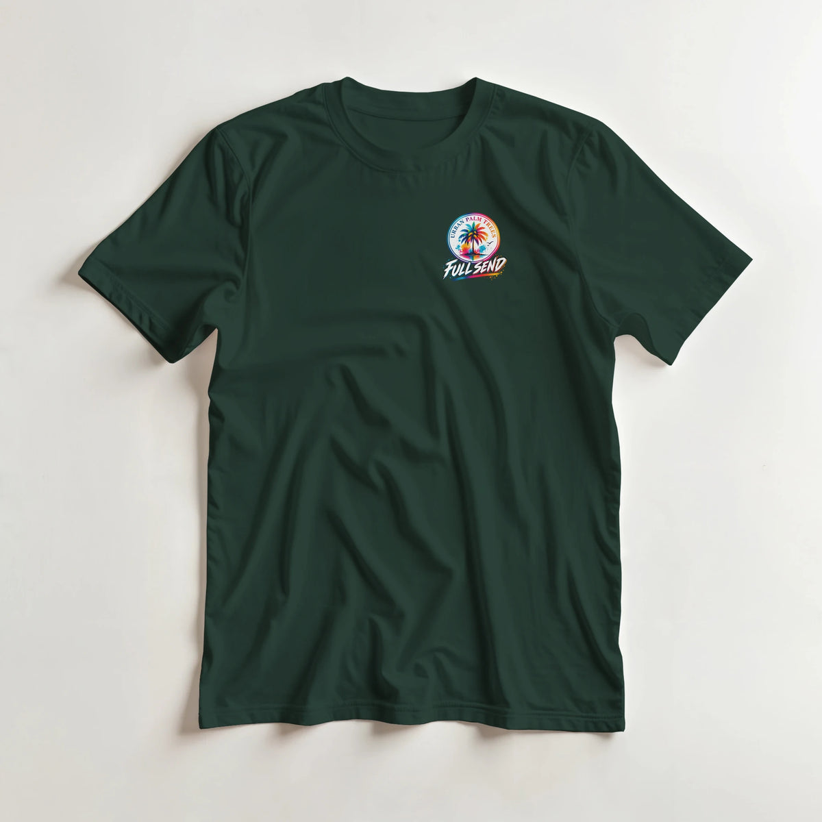 Dark green graphic tee featuring colorful Urban Palm Trees and Full Send chest logo for modified car culture enthusiasts.