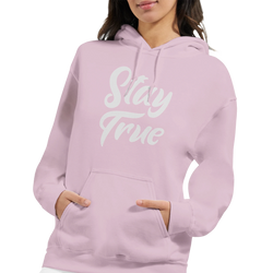 Lavender Stay True Hoodie for women with white script motto, front pouch pocket and double-lined hood.