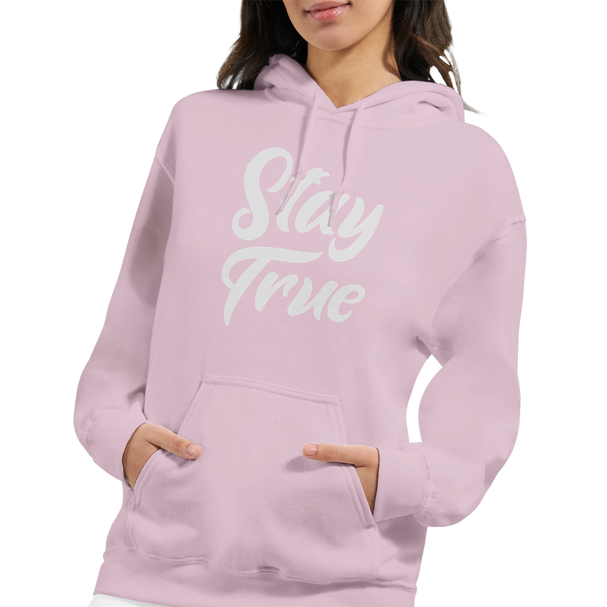 Lavender Stay True Hoodie for women with white script motto, front pouch pocket and double-lined hood.
