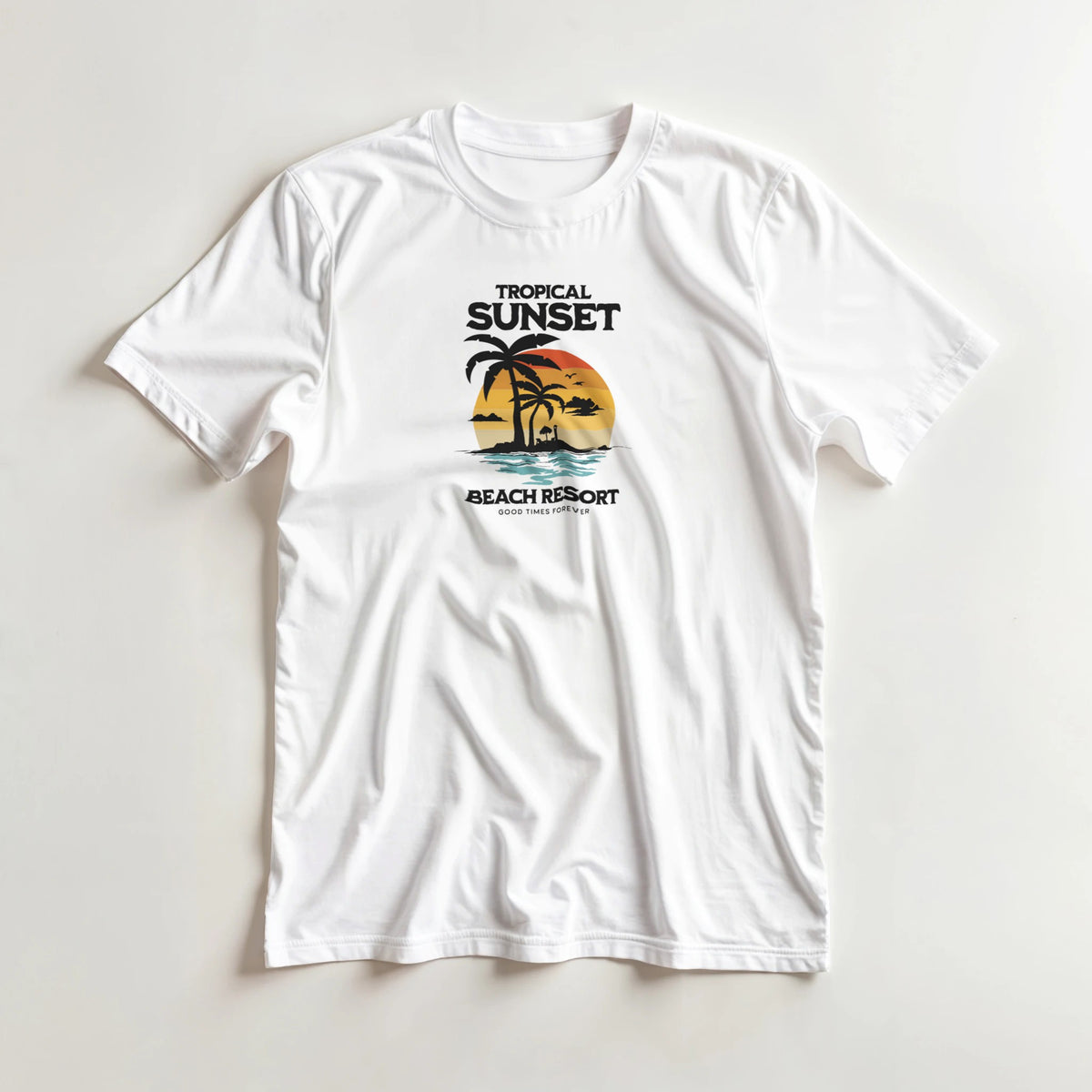 White women's sunset graphic tee featuring palm trees and a tropical beach sunset in orange and teal.