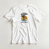 White women's sunset graphic tee featuring palm trees and a tropical beach sunset in orange and teal.