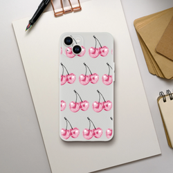 Transparent flexi case with pink glitter cherry pattern for iPhone 13-16, slim protective cover