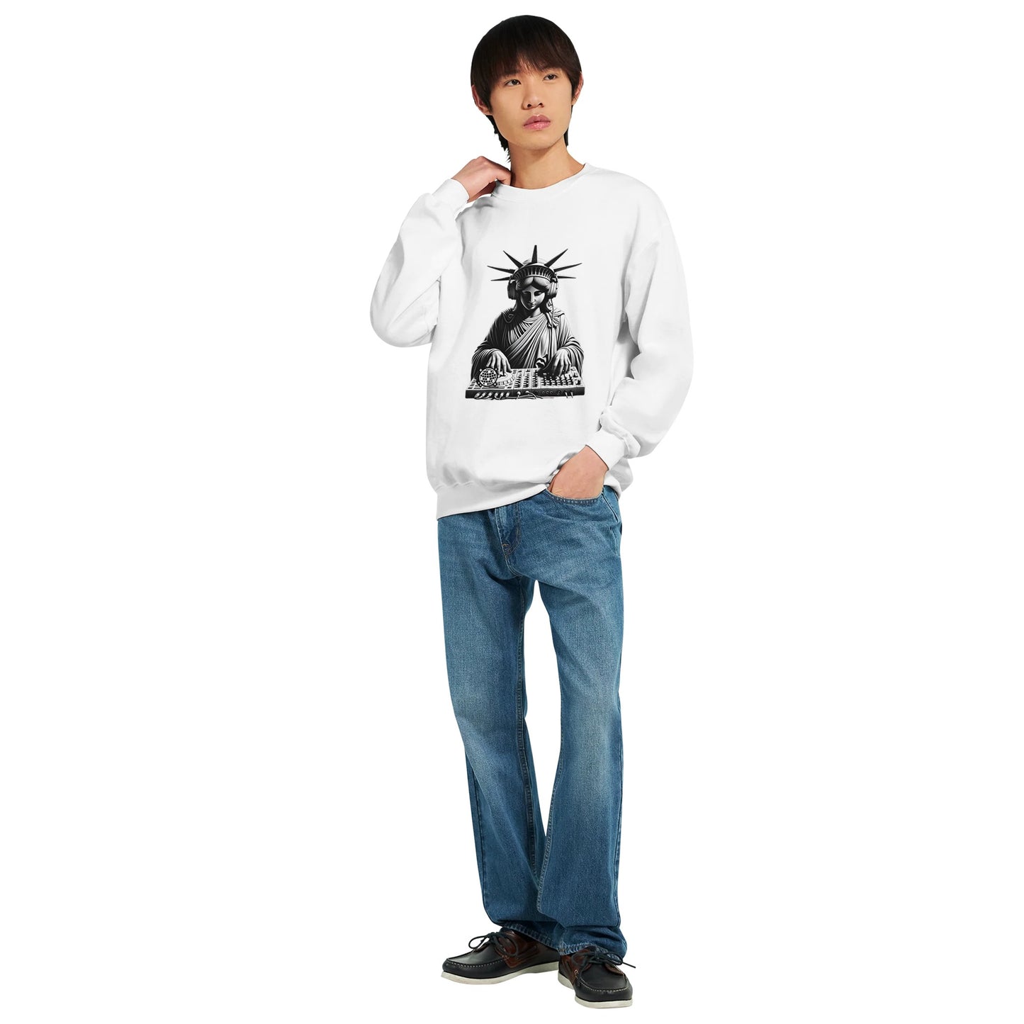 Person wearing a white men's graphic sweatshirt with a graphic design on a white background