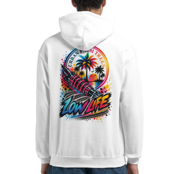 White Low Life streetwear hoodie featuring a colorful back graphic of a shock absorber, palm trees, and tire tracks.