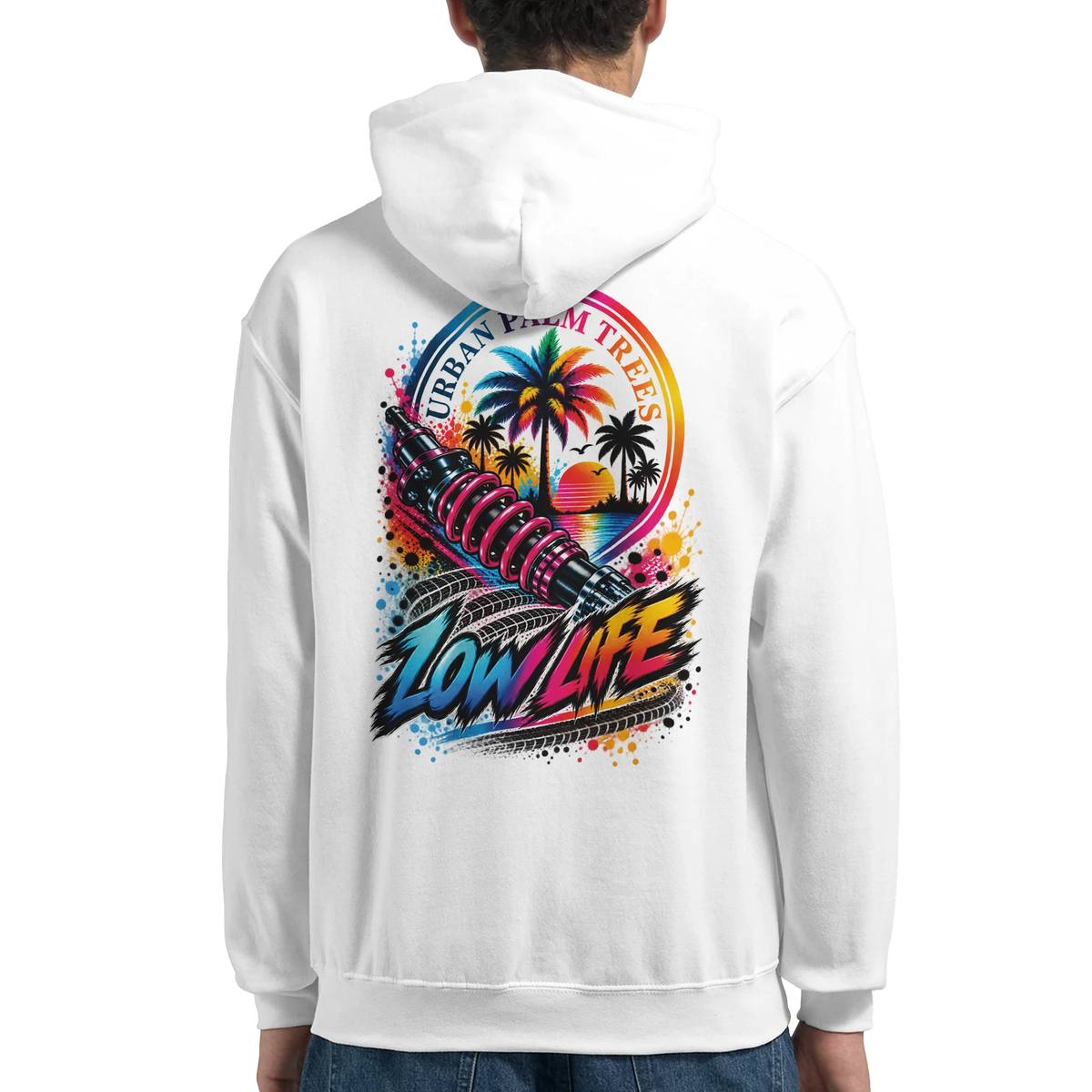 White Low Life streetwear hoodie featuring a colorful back graphic of a shock absorber, palm trees, and tire tracks.