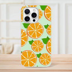 Orange slice pattern iPhone case on mint green background with frosted matte finish