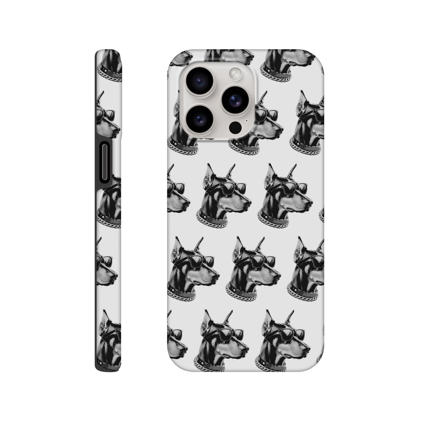 Gangster Doberman dog print iPhone case with wraparound dual-layer protection and glossy finish