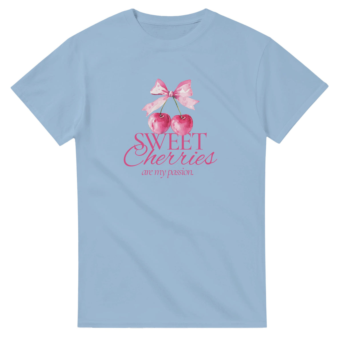 Women's cherries graphic T‑shirt with pink cherries and bow; Sweet Cherries are my passion on light blue cotton-blend