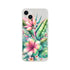 Exotic floral iPhone case with tropical hibiscus blossoms and lush green leaves on a light gray background.