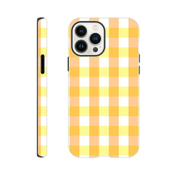 Retro yellow gingham checkered iPhone case with bold grid pattern and tough protection for iPhone 13-16.