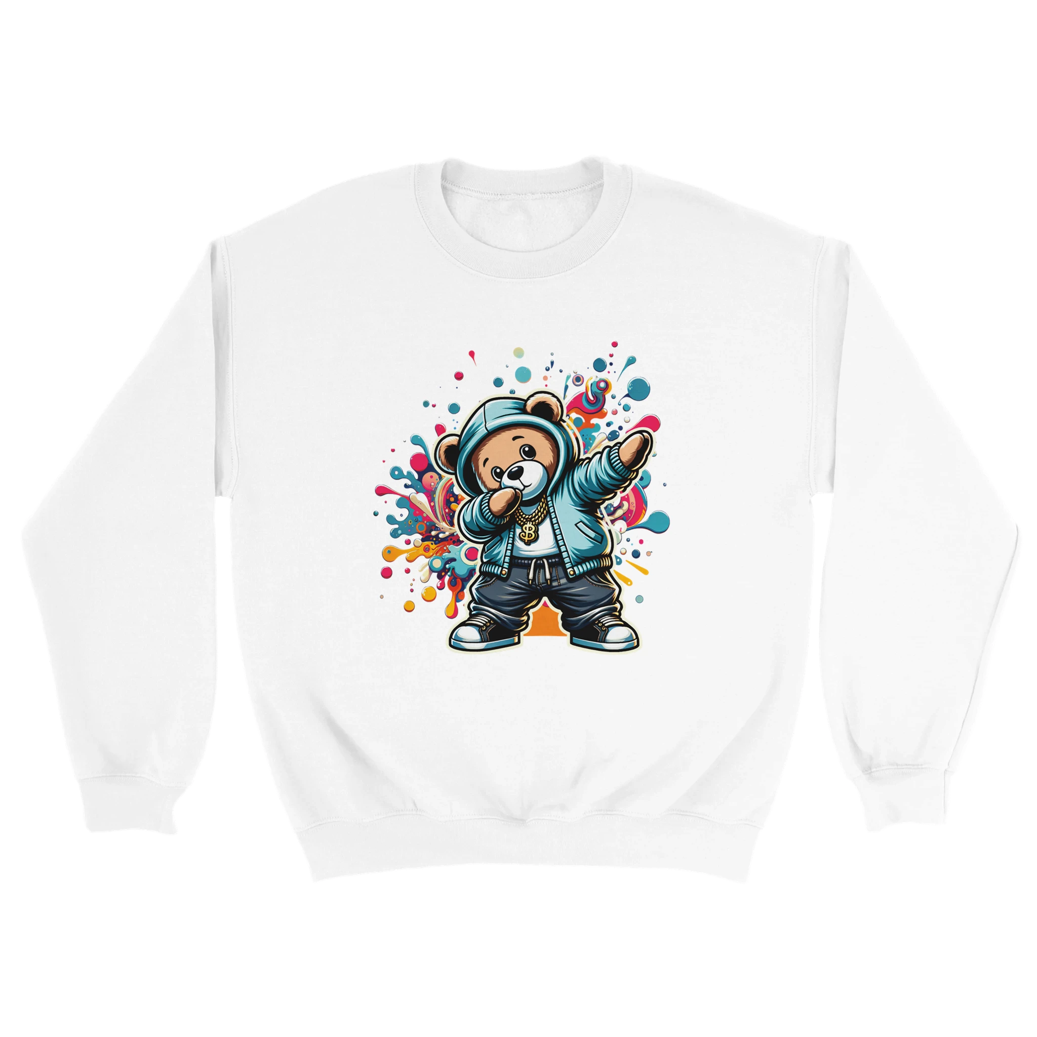 Dab Teddy Bear graphic sweatshirt on white, colorful splash behind teddy wearing hoodie and gold chain.