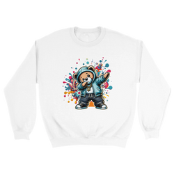 Dab Teddy Bear graphic sweatshirt on white, colorful splash behind teddy wearing hoodie and gold chain.