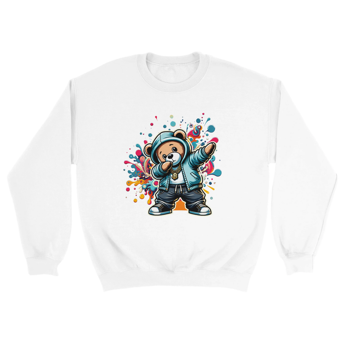Dab Teddy Bear graphic sweatshirt on white, colorful splash behind teddy wearing hoodie and gold chain.