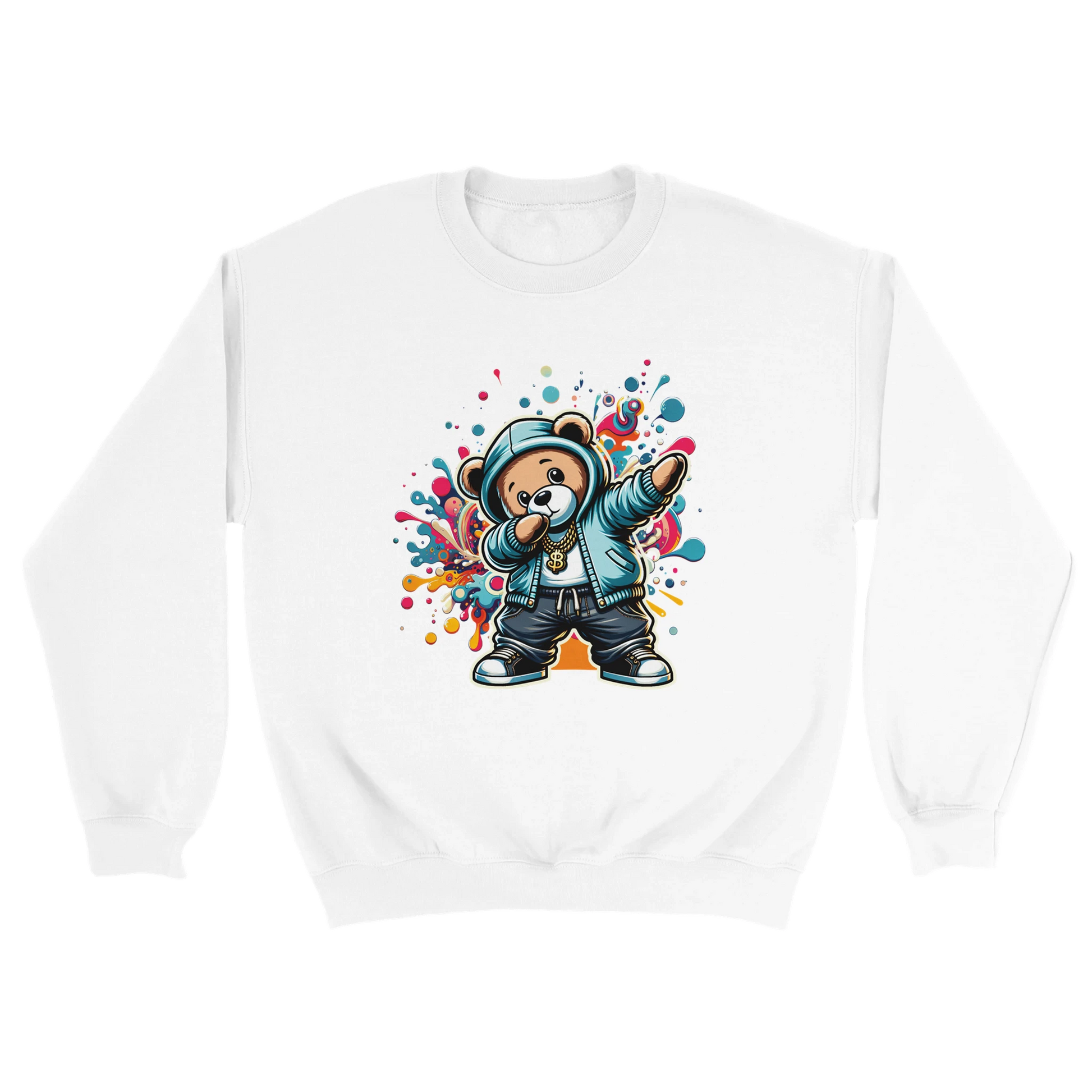 White men's graphic sweatshirt with a colorful bear graphic on a white background