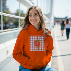 Orange retro peach gingham hoodie for women featuring a vintage fruit graphic pullover design for streetwear style.