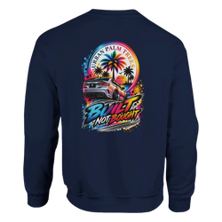 Navy blue Built Not Bought petrolhead sweatshirt featuring colorful car and palm tree automotive graphic on the back.