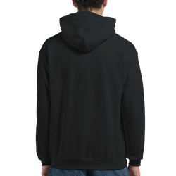 Back view of a person in a black heavy cotton-poly hoodie with hood and ribbed cuffs.