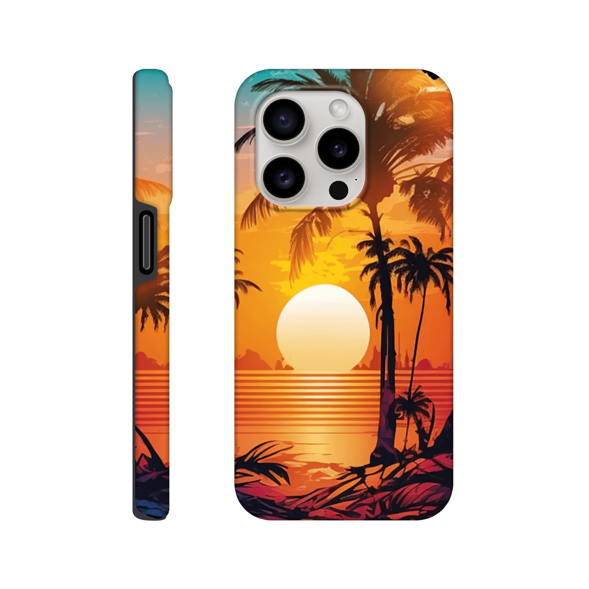 Retro tropical sunset iPhone case featuring palm tree silhouettes and vibrant orange gradient over ocean water for models 13-16.