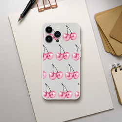 Glitter pink cherry pattern phone case, slim transparent protective cover for iPhone 13–16.