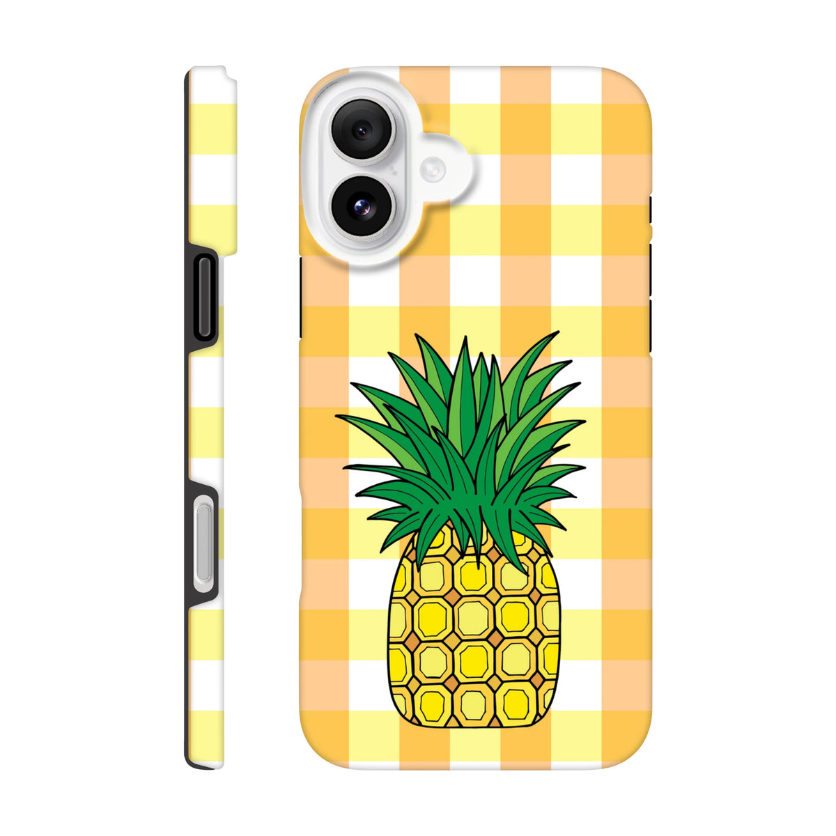 Yellow pineapple illustration on orange and white gingham pattern. Cute tropical tough iPhone case providing drop protection for daily commutes.