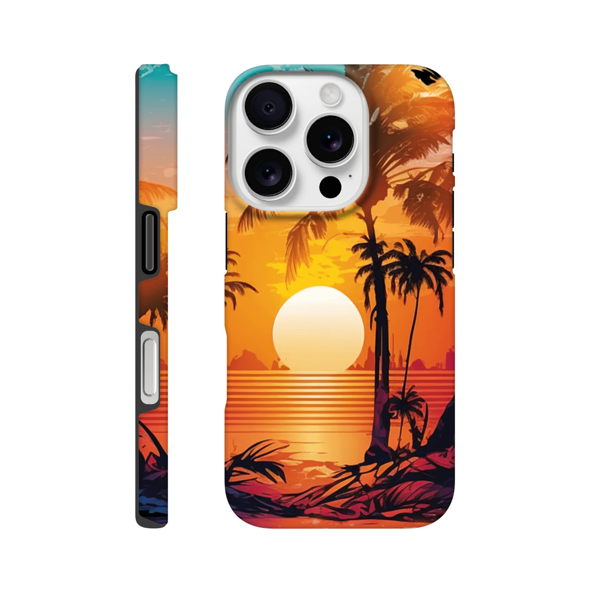 Retro tropical sunset iPhone case featuring palm tree silhouettes and orange gradient sky for beach vibes and tough protection.