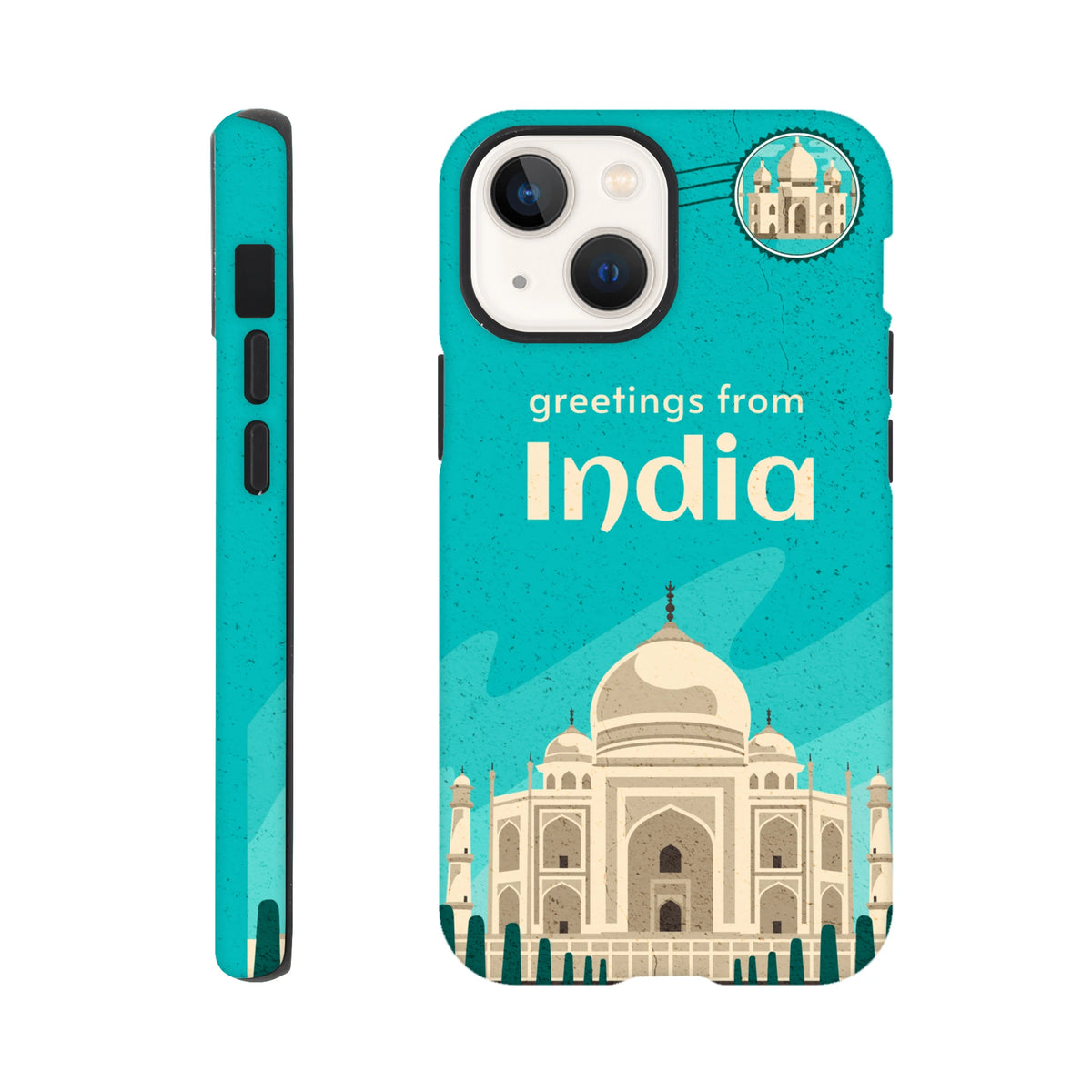 Teal tough iPhone case featuring vintage "Greetings from India" postcard design with Taj Mahal illustration.