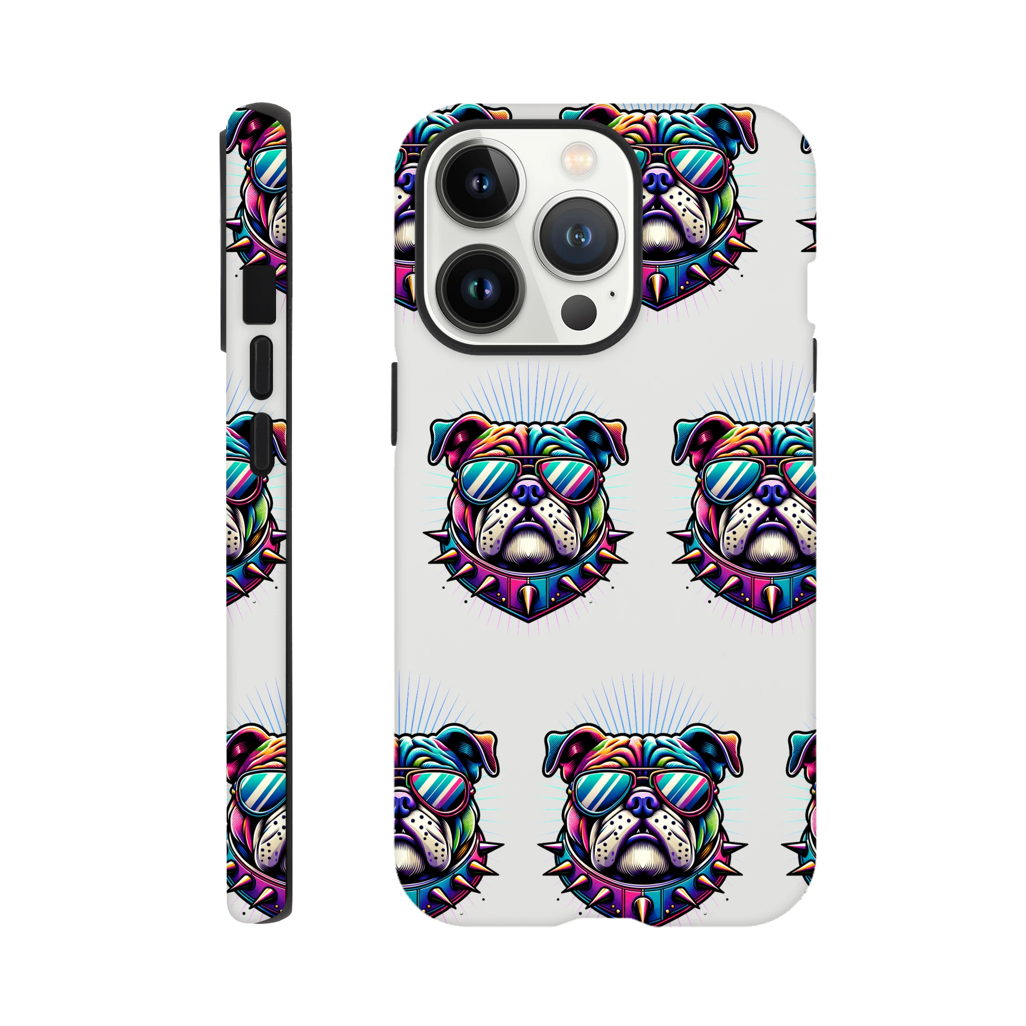 Colorful bulldog head with sunglasses on a glossy dual-layer iPhone case (16/15/14/13) featuring wraparound print.