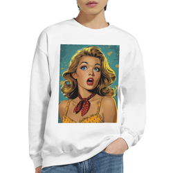 Retro pop art woman sweatshirt for men featuring a vintage comic-style graphic.