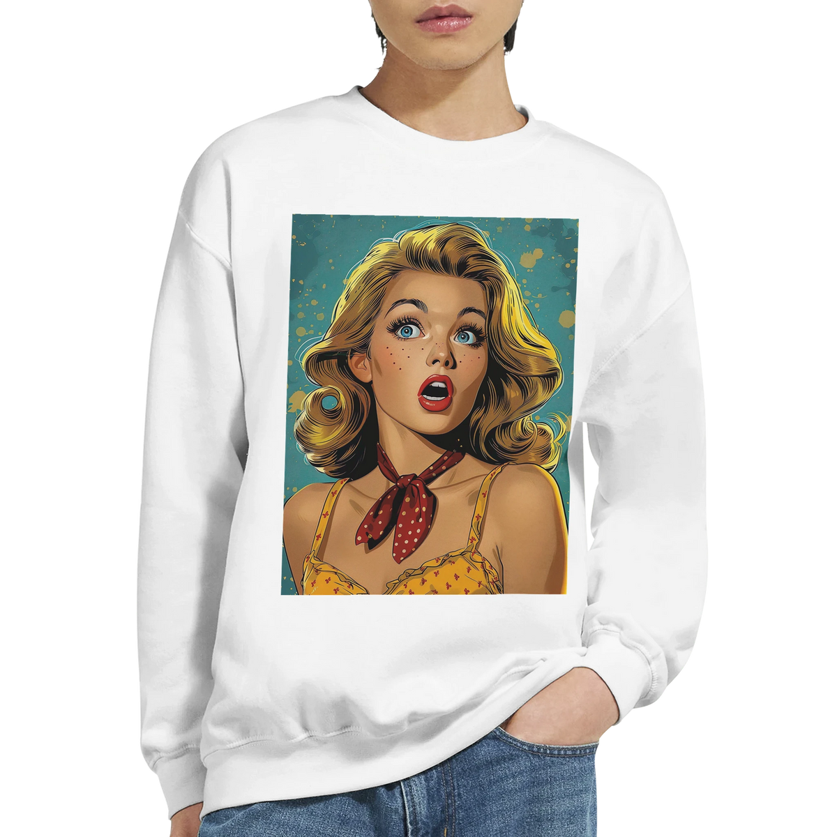Retro pop art woman sweatshirt for men featuring a vintage comic-style graphic.