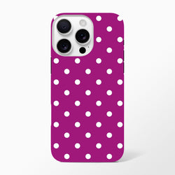 Purple iPhone case with white polka dots. Rugged TPU protection for iPhone 13-16. Cute shock absorbing phone cover.