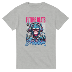 Grey men's t-shirt featuring a retro blue gorilla DJ graphic with headphones and mixer, titled Future Beats Evolution streetwear tee.