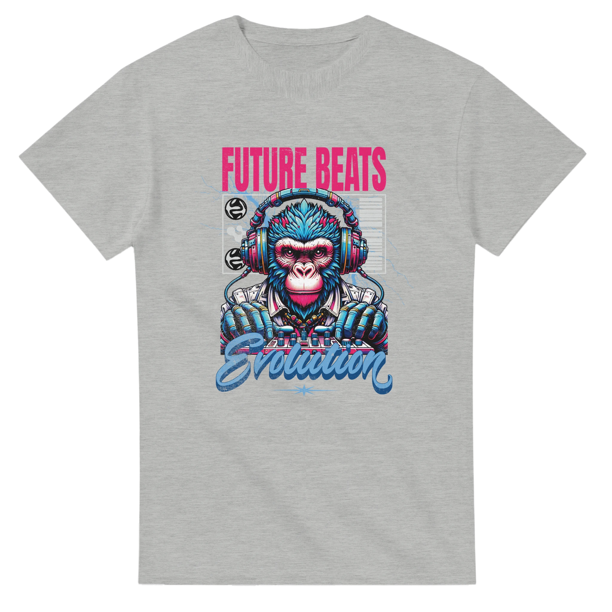 Grey men's t-shirt featuring a retro blue gorilla DJ graphic with headphones and mixer, titled Future Beats Evolution streetwear tee.