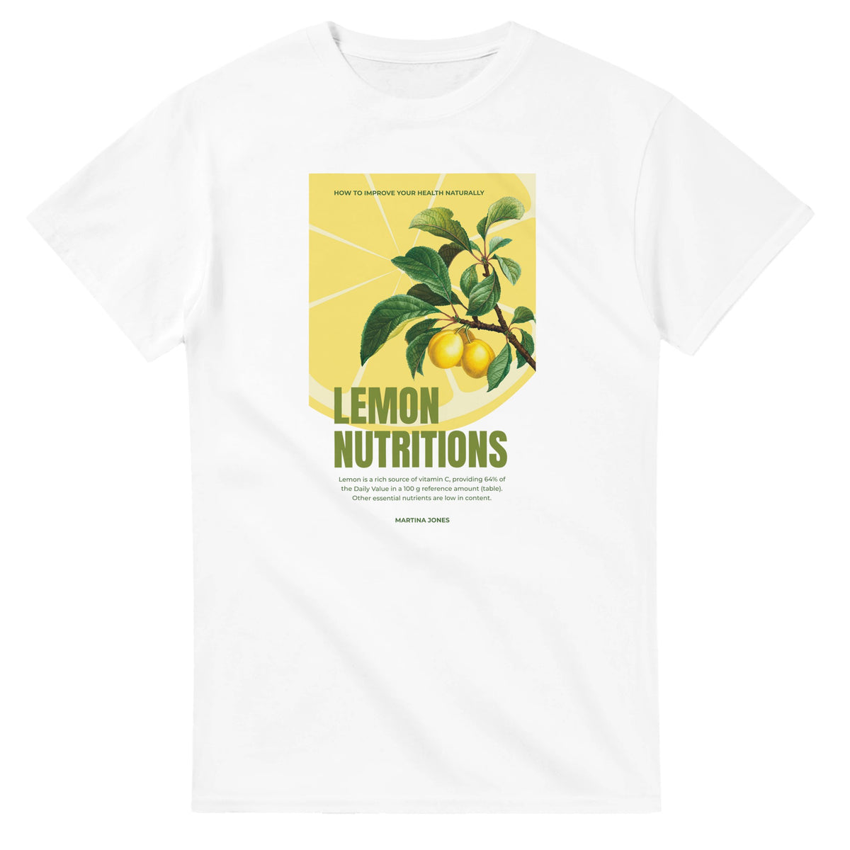 White cotton crew-neck T-shirt with retro lemon branch graphic and bold green 'LEMON NUTRITIONS' text.