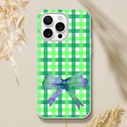 Green gingham bow iPhone case for iPhone 13-16 with frosty transparent TPU shell and long-lasting bow.