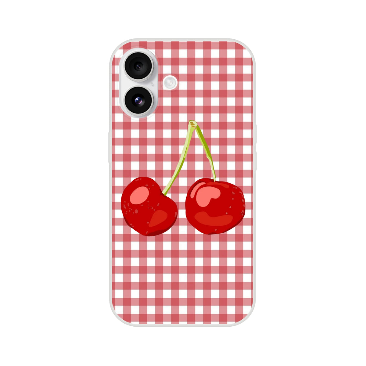 Cherry gingham iPhone case for iPhone 13-16 with red cherries on pink gingham, Coquette aesthetic.