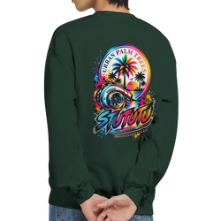 Dark green Turbo Car Sweatshirt featuring a colorful back graphic with a turbocharger, palm trees, and retro sunset design for petrolheads.