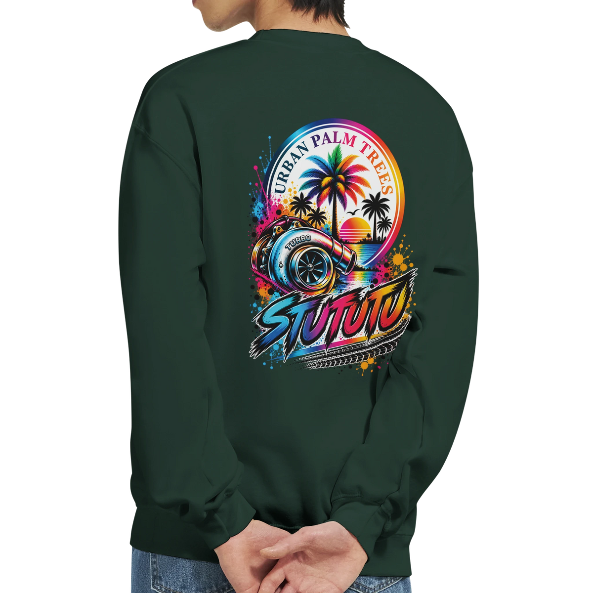 Dark green Turbo Car Sweatshirt featuring a colorful back graphic with a turbocharger, palm trees, and retro sunset design for petrolheads.